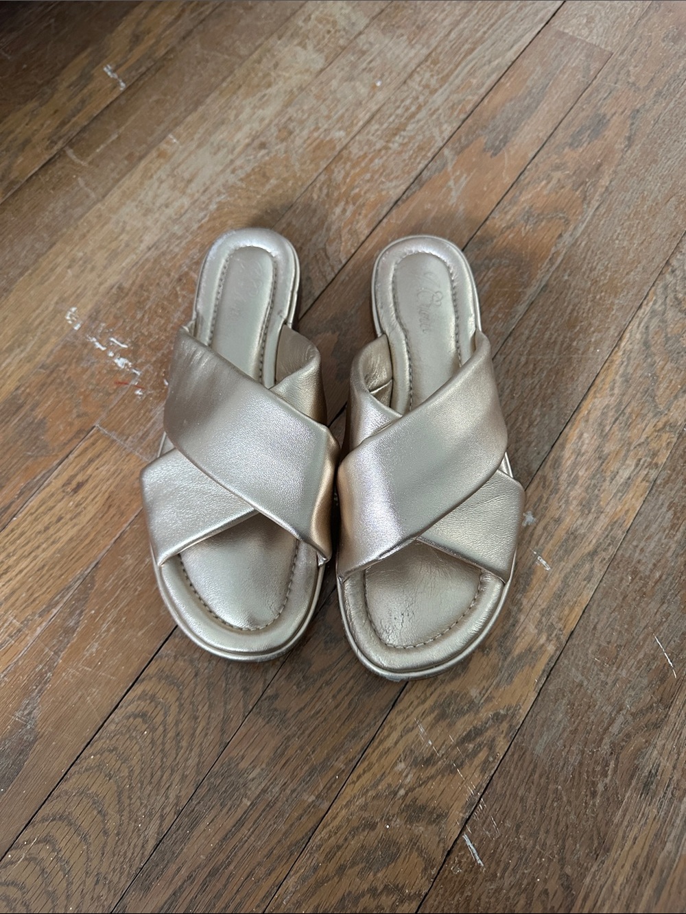 J Crew Menorca Padded Cross-Strap sandals in metallic leather